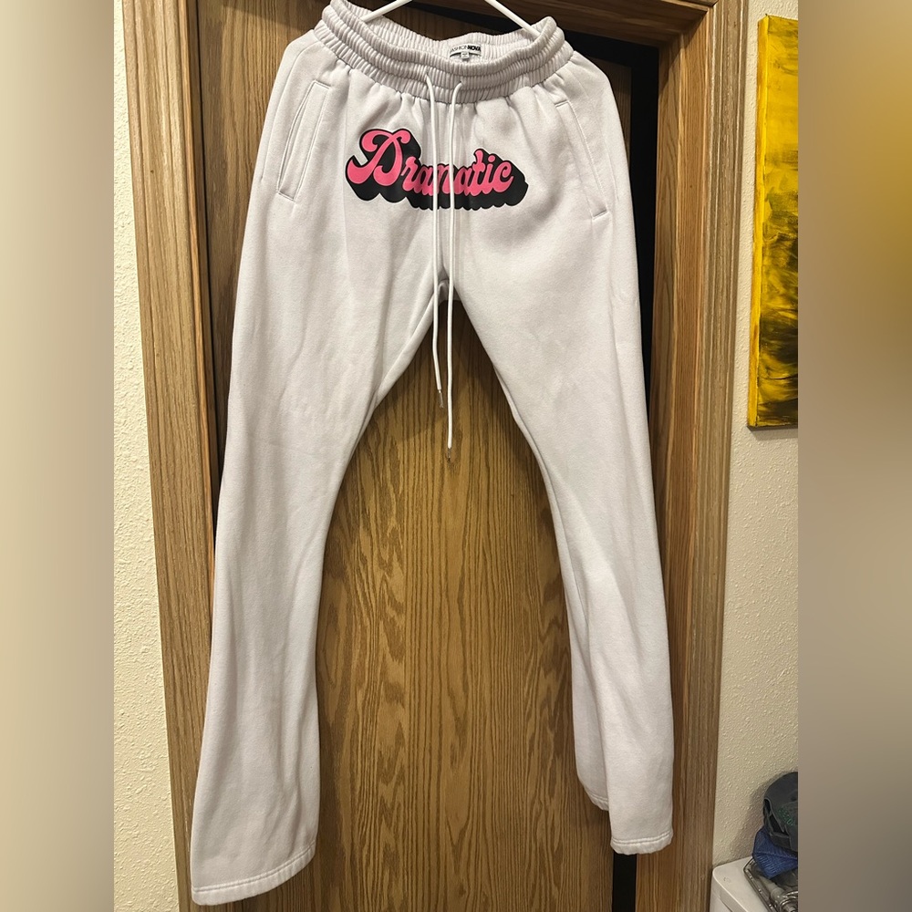 Fashion Nova White Joggers with Pink Dramatic Design
